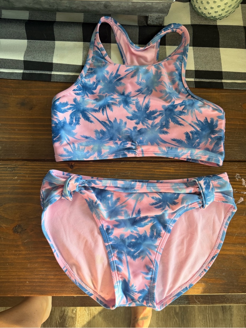 Girls Pink & Blue Palm-Print Two-Piece Swim Set